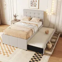 STILVORA Gestoffeerd bed 90x200 cm – Eenpersoonsbed met uittrekbaar bed en drie lades – Verstelbaar hoofdeinde – Linnen – Beige – Zonder matras