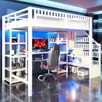 STILVORA Hoogslaper 140x200 cm – Met Bureau, Ledverlichting & Usb Aansluiting – Trap Met Opbergruimte – Zonder Matras – Metaal En MDF – Wit