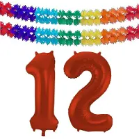 Folat Verjaardag Leeftijd folieballon - 12 jaar - rood - 86 cm - cijferballon groot - incl 2x feestslingers
