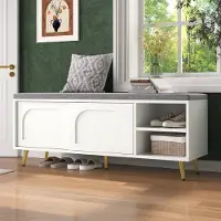 OKWISH Schoenenbank Met Zitkussen - Opbergbank Voor Hal En Slaapkamer - Spaanplaat Wit - 121×35×49 cm - Met Kantelbeveiliging