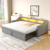 OKWISH Gestoffeerd Bed 90/180 x 200 cm - Uitrekbaar Met LED en USB-poort - Met Onderbed - 3 Opbergvakken - Linnen Stof - Lichtgrijs - Zonder matras
