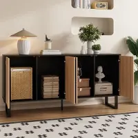 STILVORA Dressoir – 3D Strepen Deuren Met Contrasterend Zwart+Natuur Design – Veel Opbergruimte – MDF;Spaanplaat – 160x38x75 cm Voor Woonkamer