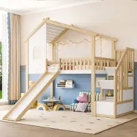 OKWISH Kinderhoogslaper 90x200 cm - Houten Huisbed Met Glijbaan En Bedhek - Opbergladder - Kinderkamer - Massief Grenen - Naturel+Wit - Zonder matras