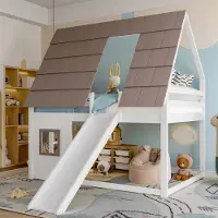 STILVORA Stapelbed 140x200 cm – Huisvormig met Glijbaan & Ladder – Veiligheidshekken – Hout (MDF) – Wit+Bruin – Zonder matras