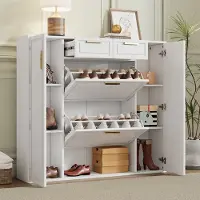 STILVORA Schoenenkast - Verstelbare Legplanken En 2 Laden - Met 2 Deuren Voor Hal En Gang - MDF En Spaanplaat - Wit - 120x24x107 Cm