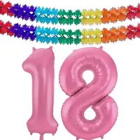 Folat Verjaardag Leeftijd folieballon - 18 jaar - roze - 86 cm - cijferballon groot - incl 2x feestslingers