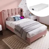 OKWISH Gestoffeerd Bed 90x200 cm - Eenpersoonsbed met USB-C Oplader en Leeslamp - Zonder Opbergruimte - Fluweel - Met matras - Roze