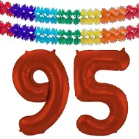 Folat Verjaardag Leeftijd folieballon - 95 jaar - rood - 86 cm - cijferballon groot - incl 2x feestslingers
