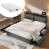 OKWISH Gestoffeerd Bed 140x200 cm – Verstelbaar Hoofdeinde & Ingebouwde USB C + Stopcontacten – 4 Lades Opbergruimte – Linnen – Grijs – Zonder Matras