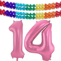 Folat Verjaardag Leeftijd folieballon - 14 jaar - roze - 86 cm - cijferballon groot - incl 2x feestslingers