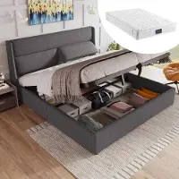 STILVORA Gestoffeerd bed 160x200cm – Tweepersoonsbed met verstelbare hoofdsteunen – Hydraulische opbergruimte – Linnen bekleding – Grijs – Met matras