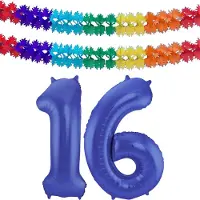 Folat Verjaardag Leeftijd folieballon - 16 jaar - blauw - 86 cm - cijferballon groot - incl 2x feestslingers
