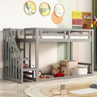 STILVORA Stapelbed 90x200 cm – Huis-Design met Open Onderbed en Speelruimte – Veiligheidsladder met Opbergrek & 29 cm Reling – Massief Hout – Grijs – Zonder Matras