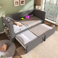 MODFU Bedframe 90x200 cm – gestoffeerd katoen-linnen grijs – met uitschuifbed, USB/Type-C en bekerhouders – daybed