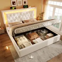 Merax 160x200 cm tweepersoonsbed - met LED-verlichting - voorzien van USB- en Type-C-oplaadstation - opbergruimte - beige - zonder matras