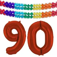 Folat Verjaardag Leeftijd folieballon - 90 jaar - rood - 86 cm - cijferballon groot - incl 2x feestslingers