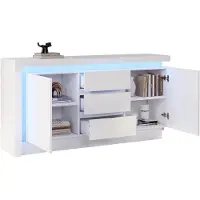 OKWISH Luxe Hoogglans Dressoir (140 cm) - Slanke Opbergkast met 3 Lades, 2 Deuren & App LED Verlichting - Wit