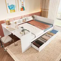 OKWISH Houten Bed 140x200cm - Ingebouwd Bureau - 2 Lades - Met Boekenplank - Voor Kleine Woonruimtes - Grenen+Spaanplaat - Wit - Zonder matras