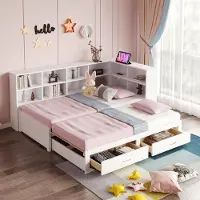OKWISH Massief Houten Bed 90/180x190 cm - Uitklapbaar Met Multifunctioneel Stopcontact - Met Opbergruimte En 2 Laden - Wit - Zonder matras