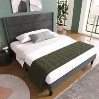MODFU Ledikant 140x200 cm – linnen donkergrijs – met gestapeld hoofdbord en lattenbodem – elegant design