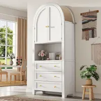 STILVORA Opbergkast – Hoog Boogkast Met Linnen Top – 3 Lades En Gebogen Deuren Met Demper – Open Vak Voor Woonkamer En Keuken – MDF – 70x35x180 cm – Wit