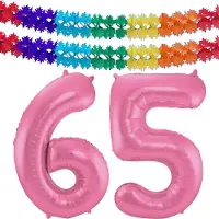 Folat Verjaardag Leeftijd folieballon - 65 jaar - roze - 86 cm - cijferballon groot - incl 2x feestslingers