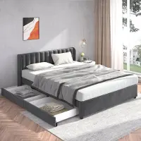 STILVORA Tweepersoonsbed 180x200 cm – Gestoffeerd bed Met Hoog Hoofdeinde – 2 Lades Op Wielen Voor Opbergruimte – Fluweel – Grijs – Zonder Matras