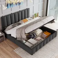 OKWISH Gestoffeerd Bed 140x200 cm - Hydraulisch Opbergbed Met Verstelbaar Hoofdeinde - Met Opbergruimte - Linnen - Grijs - Zonder matras