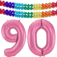 Folat Verjaardag Leeftijd folieballon - 90 jaar - roze - 86 cm - cijferballon groot - incl 2x feestslingers