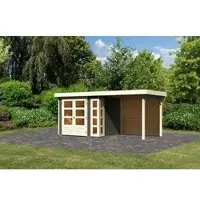 Karibu Tuinhuis Kerko, kleur: terragrond, in een set met een uitbouw van 2,40 meter breed en een achterwand, dikte 19 mm