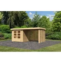 Karibu Tuinhuis Askola 2, in natuurlijke staat, geleverd als set met een aanbouw en een breedte van 2,80 meter, met optie voor houtopslag
