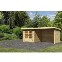 Karibu Houten blokkenhuis Bastrup, onbehandeld, in een set met een aanbouwdak, 3 meter breed, met zij- en achterwanden van 28 mm dik