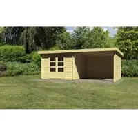 Karibu Tuinhuis, blokhut, tuingericht, Bastrup 5, in een set met aanbouwdak, 3 meter breed, zij- en achterwand van 28 mm, onbehandeld, afmetingen 579x297x220 cm