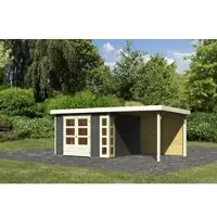 Karibu tuinhuis/schuurmodel Kerko 6, in een set met een aanbouwdak, breedte 2,40 meter, en een achterwand in de kleur terragrau, afmetingen 302x306x216 cm