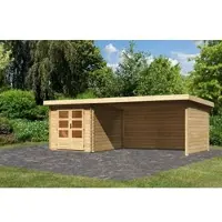 Karibu Houten blokkenhuis Bastrup, in natuurlijke staat, in een set met een aanbouwdak. Breedte: 4 meter, zij- en achterwanden: 28 mm dik