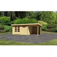 Karibu Houten blokkenhuis Bastrup 8, in natuurlijke staat, in een set met een aanbouwdak, 2 meter breed, 28 mm dikke achterwand