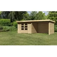 Karibu Houten blokkenhuis Bastrup, in natuurlijke staat, in een set met een aanbouwdak. Breedte: 3 meter, zij- en achterwanden: 28 mm dik