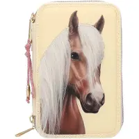 Miss Melody - Triple Pencil Case With Horse Head Application - Light Yellow