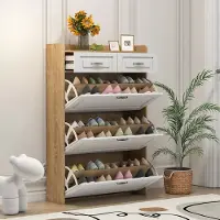 STILVORA Schoenenkast - Draaibare Schoenenrek Met 3 Kleppen En 2 Lades - Voor Hal En Woonkamer - Spaanplaat - 80x23,5x131 Cm - Wit;Naturel