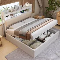 OKWISH Gestoffeerd Bed 180x200 cm - Hydraulisch Opbergbed - Met USB En Hoofdbordvak - Stabiel - Metaal;MDF+Stof - Wit - Zonder matras