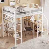 STILVORA Hoogslaper 140x200 cm – Bed Met Bureau & Kledingkast – Trap Met Opbergniveaus En 3 Planken – Voor Studie/Thuiswerk – Metaal+MDF – Wit – Zonder Matras