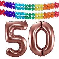 Folat Verjaardag Leeftijd folieballon - 50 jaar - rosé goud - 86 cm - cijferballon groot - incl 2x feestslingers