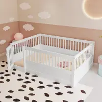 OKWISH Kinderbed 140x200 cm – Vloerbed Met Hekwerk En Deurtje – Open Ontwerp Zonder Lattenbodem – Massief Hout – Zonder Matras – Wit