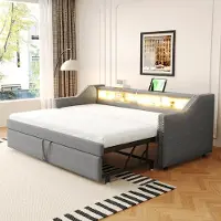 STILVORA Gestoffeerd Bed 90/180x190 cm – Uittrekbaar Slaapbank Met Lattenbodem & 3 Opbergniches – LED & USB – Geschikt Voor Gasten – Lichtgrijs – Zonder Matras