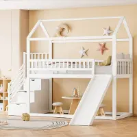 MODFU Ledikant 90x200 cm van hout en metaal – wit – met glijbaan en opbergtrap – kinderkamer