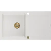 Mexen Leo granieten gootsteen 1-komorige met afdruiprek 900 x 500 , wit, gouden sifon - 6501901010-20-G