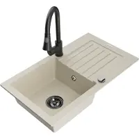 Mexen Pablo granieten gootsteen 1-komorige met afdruiprek en keukenkraan Elia, beige - 6510-69-670101-70