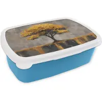 MuchoWow Broodtrommel Blauw - Lunchbox Boom - Bladeren - Goud - Abstract - Brooddoos 18x12x6 cm - Brood lunch box - Broodtrommels voor kinderen en volwassenen