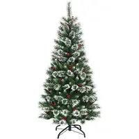 Costway Kunstkerstboom , 180 cm, met rode bessen, besneeuwde spar met metalen voet, PVC-naalden, inklapbare kunstkerstboom