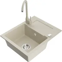 Mexen Enzo granieten spoelbak 1-komers met afdruiprek en keukenkraan Telma, beige - 6506-69-670200-69